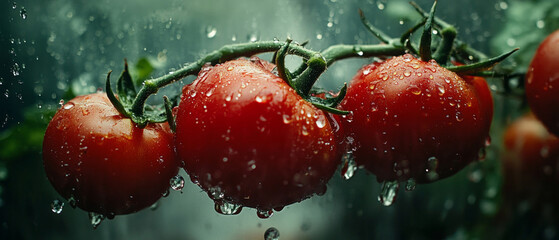 Ripe tomatoes on a branch, covered with water droplets, symbolise the consequences of the climate crisis and drought, which will emphasise the atmospheric backdrop for environmental presentations.