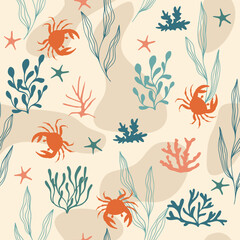 Pattern with crabs and starfish. Underwater seamless pattern