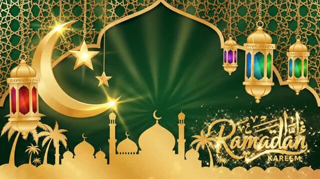 Ramadan kareem golden islamic background video loop with animated gold crescent moon stars lanterns mosque silhouettes and green pattern backdrop