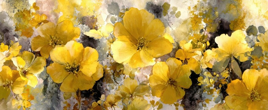 Vibrant yellow floral pattern featuring artistic watercolor blooms for creative design