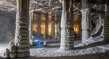 Surreal subterranean cave with stalactites and illuminated depths