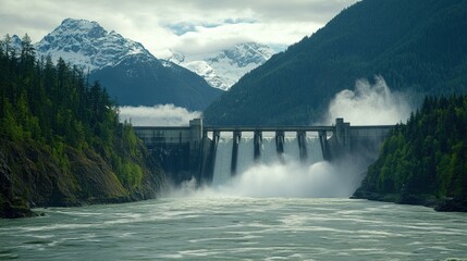 Fototapeta premium Dam with cascading water against backdrop of forested mountains & snow peaks