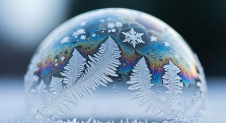 Frozen soap bubble with ice crystals and colorful iridescent patterns