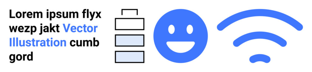 Fototapeta premium Technology, connectivity, communication, emotions, signal , energy levels. Blue happy face, stacked battery bars and wireless icon. Connectivity and communication concept
