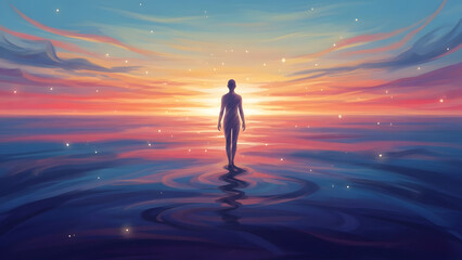 A person stands alone on calm water with vibrant sunset reflections and ripples around them