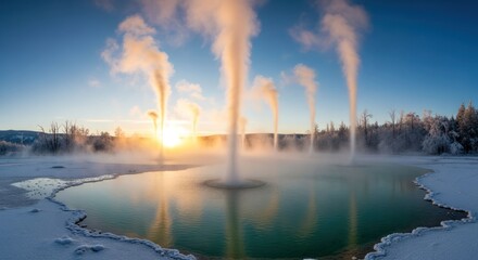 Thermal pool at sunrise with steam and snow in winter landscape