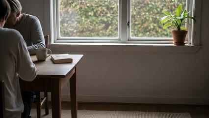 Couple sitting together at a wooden table by the window with a potted plant outside in a serene environment