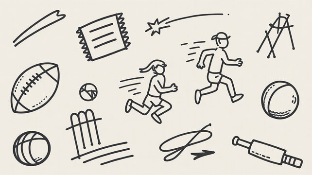 Collection of hand-drawn sports icons and elements sketch style doodles for active lifestyle and fitness concepts isolated on beige background