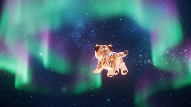 Adorable Baby Tiger Cub Floating in a Magical Aurora Borealis Sky with Twinkling Stars.