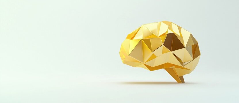Metallic golden brain polygon lying on pristine white background, representing digital intelligence, innovative thinking, futuristic knowledge processing