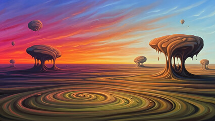 Surreal landscape with spiraling terrain and abstract structures at vibrant sunset