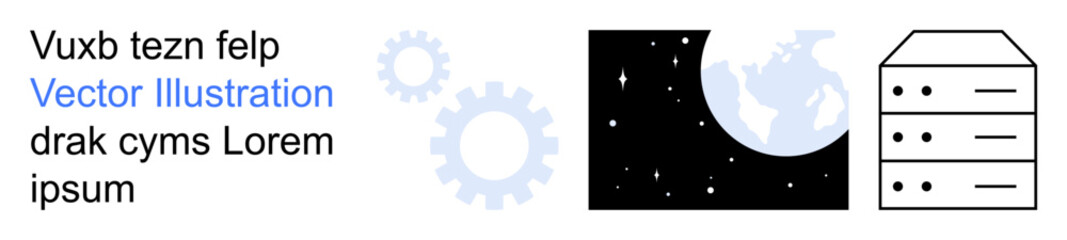 Naklejka premium Data storage, global network, technological systems, digital infrastructure, online data exchange, futuristic design. Earth, gears and a server stack with minimal design. Data storage and global