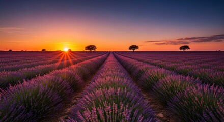 Scenic lavender field with trees during golden hour sunrise