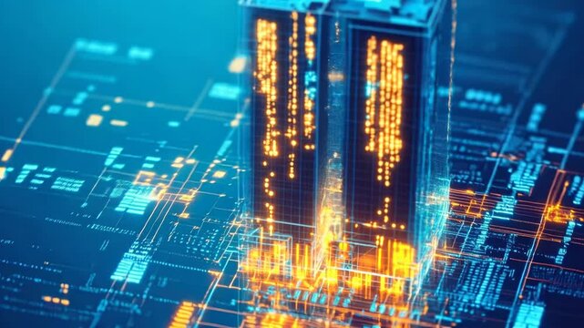 Futuristic city digital skyscraper with glowing data stream and cyberpunk neon technology, innovative data center server tower