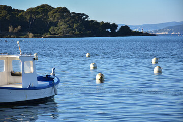 Bateau dans un port vide avec bouées en surface, vue sur l'île du Gaou en arrière plan © Johanna