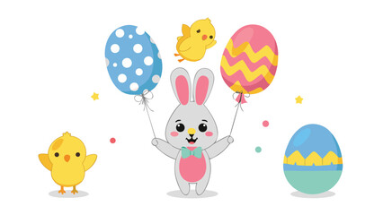 Naklejka premium Adorable Easter bunny and chicks with colorful balloons and eggs