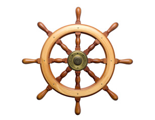 Polished wooden ship?s wheel with brass center, dark background