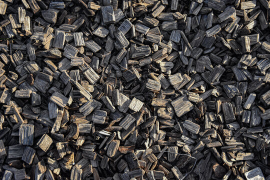 Paillage de jardin compos&eacute; de copeaux de bois gris&eacute;, d'un parterre