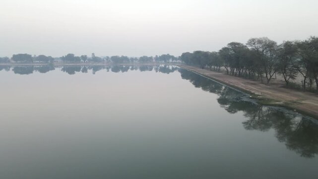An aerial view of a polluted sewage Water Disposal Pond
