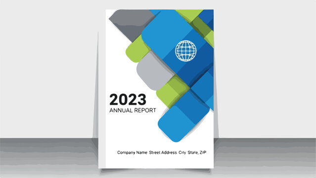 A 2023 annual report cover with colorful geometric shapes
