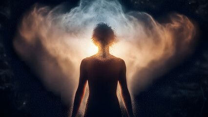 A woman stands alone surrounded by a radiant cloud, emitting a soft glow from within, as mist swirls around her in a captivating scene