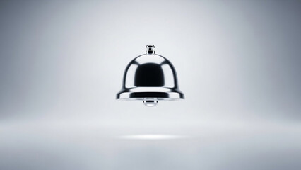 A shiny silver service bell on a plain background