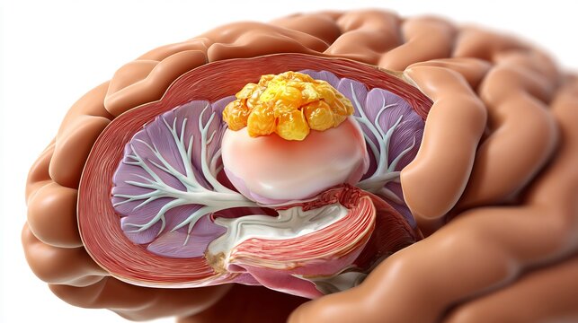 Flat realistic illustration of pineal gland tumor showing brain center anatomy localized tumor smooth gradients neurological educational style