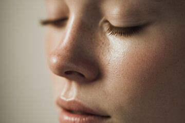 Close-up of woman's face with closed eyes and natural makeup