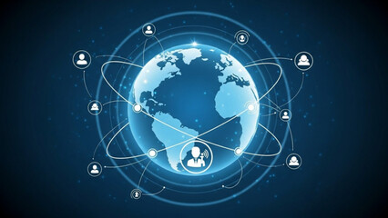 Fototapeta premium Global Network Connection with People Icons around the World Map on Dark Blue Background
