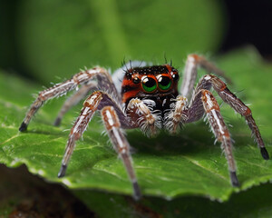 A jumping spider with vibrant colors and striking green eyes is alert