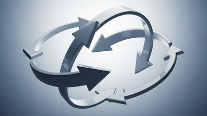 A 3D illustration of interconnected arrows forming a circular motion on a gradient background
