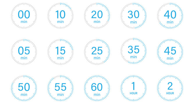 Minute Timer, clock, watch icon set. 0 to 60 min and 1, 2 hour  watch icon vector. cooking, countdown, running timer vector illustration.