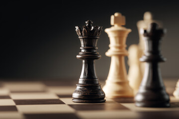 Close-up of chess pieces on board with queen in focus strategy
