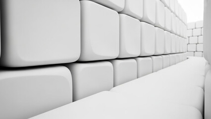 A close-up view of a modern white wall composed of square blocks