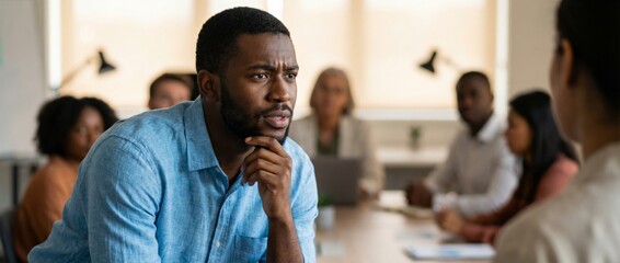 Thoughtful black businessman concentrating and listening during a business meeting with diverse colleagues, reflecting on strategies and potential solutions in a collaborative workplace