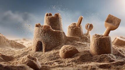 Playful Sandcastle Building on the Beach With Buckets and Shovels During Summer Vacation Time