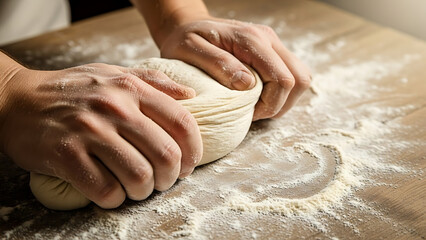 A person kneading dough on a floured wooden surface