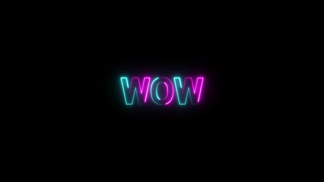Neon WOW sign in pink and blue on black background