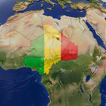 African continent satellite map showing Mali flag silhouette covering West Africa territory