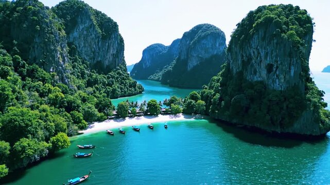 A scenic summer landscape featuring a crystal clear lake and mountain river winding through the lush green hills and rocky fjords of Thailand