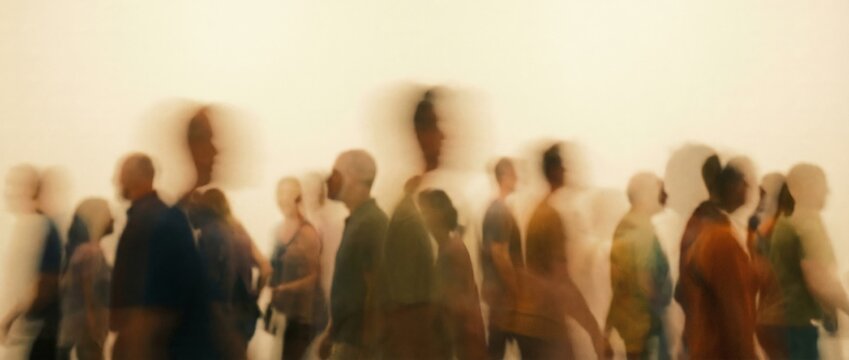 Blurred crowd of diverse ages and silhouettes in motion, conveying the passage of time, urban life and evolving society through ethereal, abstract movement and memory