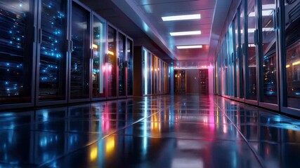 Data center server rack corridor neon light reflection futuristic hallway technology security modern digital network - Powered by Adobe