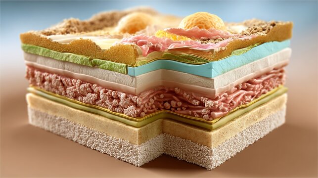 Flat realistic medical illustration of skin tumor under epidermis layers showing epidermis dermis hypodermis smooth tumor mass clean vector shading textbook clarity neutral medical color palette