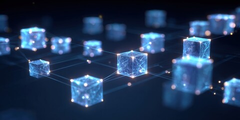 Blockchain Network in Cyber Space: A captivating visual representation of interconnected digital cubes forming a dynamic blockchain network.