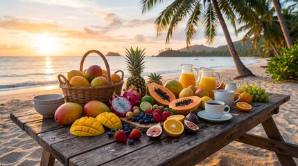 An abundant and vibrant spread of exotic tropical fruits and refreshing juices artfully arranged on a rustic wooden table at a tranquil beach during a breathtaking sunset