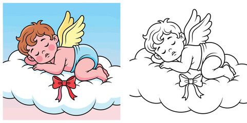 Fototapeta premium Cute baby cupid sleeping on a cloud with bow vector illustration for coloring book page and Valentine's Day card design