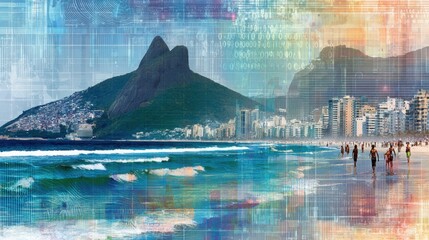 Vibrant Abstract Scene of Tourists Enjoying Beaches, Mountains, and Cityscapes With Detailed Textures and Cool Hues for Trend Advertising