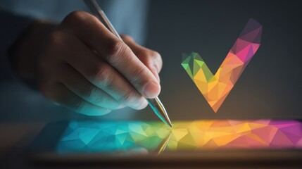 Digital Verification: A hand interacts with a stylus on a digital screen, confirming with a colorful checkmark, representing the successful validation of information in technology and information.