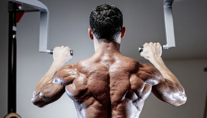 Detailed back muscles of bodybuilder doing pull-ups, back view, exercise, fitness, health, lifestyle, gym, determination, sweat, body