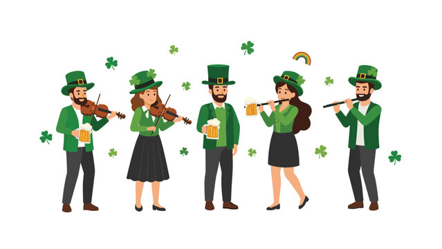 Group of five people dressed in green playing traditional Irish music instruments and holding beer mugs, celebrating St. Patrick's Day with clovers and a rainbow.